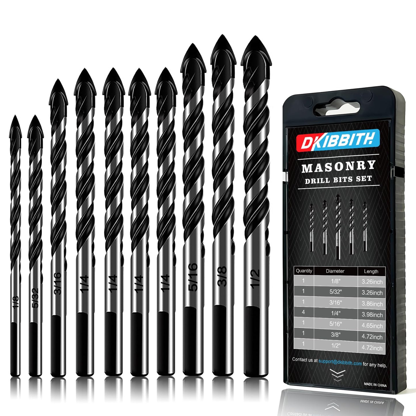 10-Piece Masonry Drill Bit Set for Concrete, Tile, Glass & Brick, 1/8–1/2" with Triangle Handle, Tungsten Steel Tips (Black)