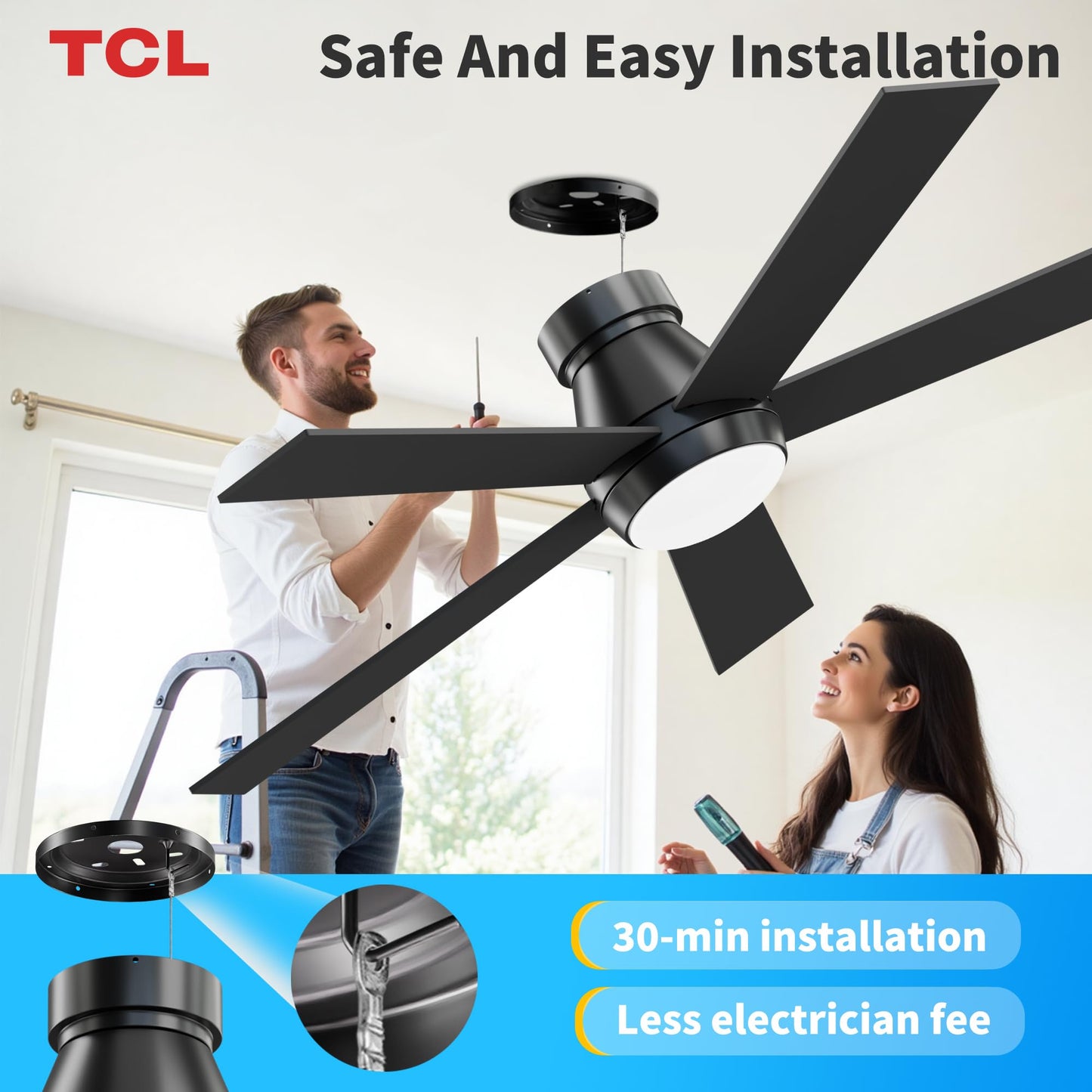 **TCL 52” Black Ceiling Fan with Light & Remote, Modern LED 3-Color 3CCT, Quiet Motor for Bedroom & Living Room**