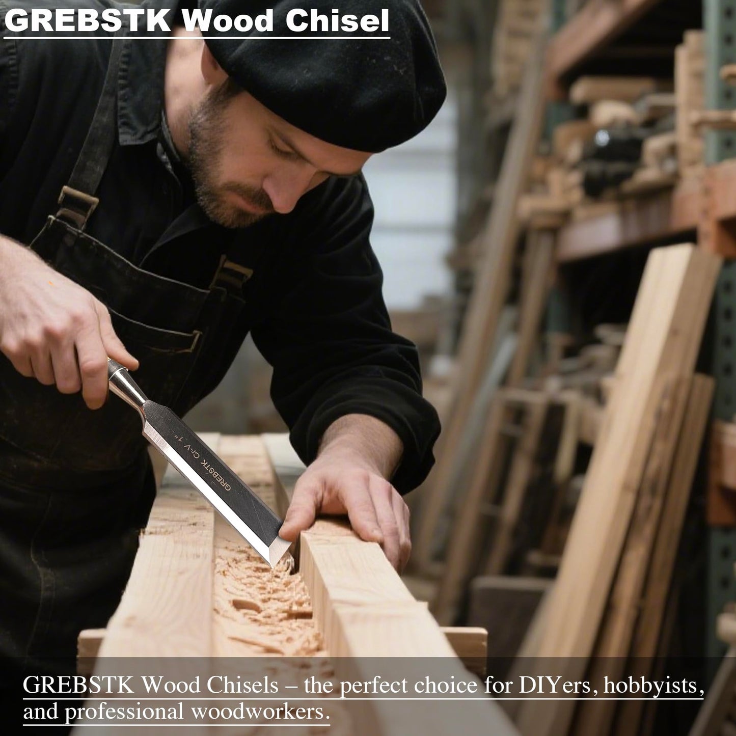 GREBSTK 4 Pcs Wood Chisel Set CRV Steel Bevel Sharp Edge Bench Chisels with Safety Caps for Woodworking and DIY Projects 1/4", 1/2", 3/4", 1"