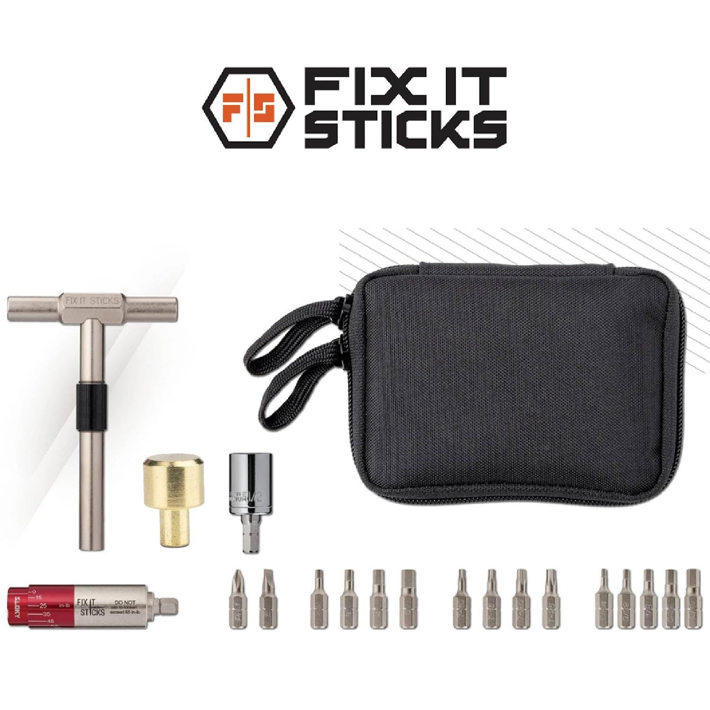 Fix It Sticks All-in-One Torque Driver Kit, ±10% Accurate 15–65 in-lbs, T-Way Wrench Bits, Socket Adapters, Brass Hammer Head