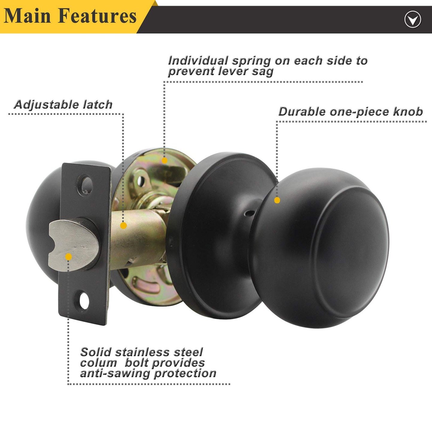 Probrico Black Door Knobs Interior, Passage Door Knobs for Hallway Closet, Matte Black Keyless Indoor Door Knob, 6 Pack