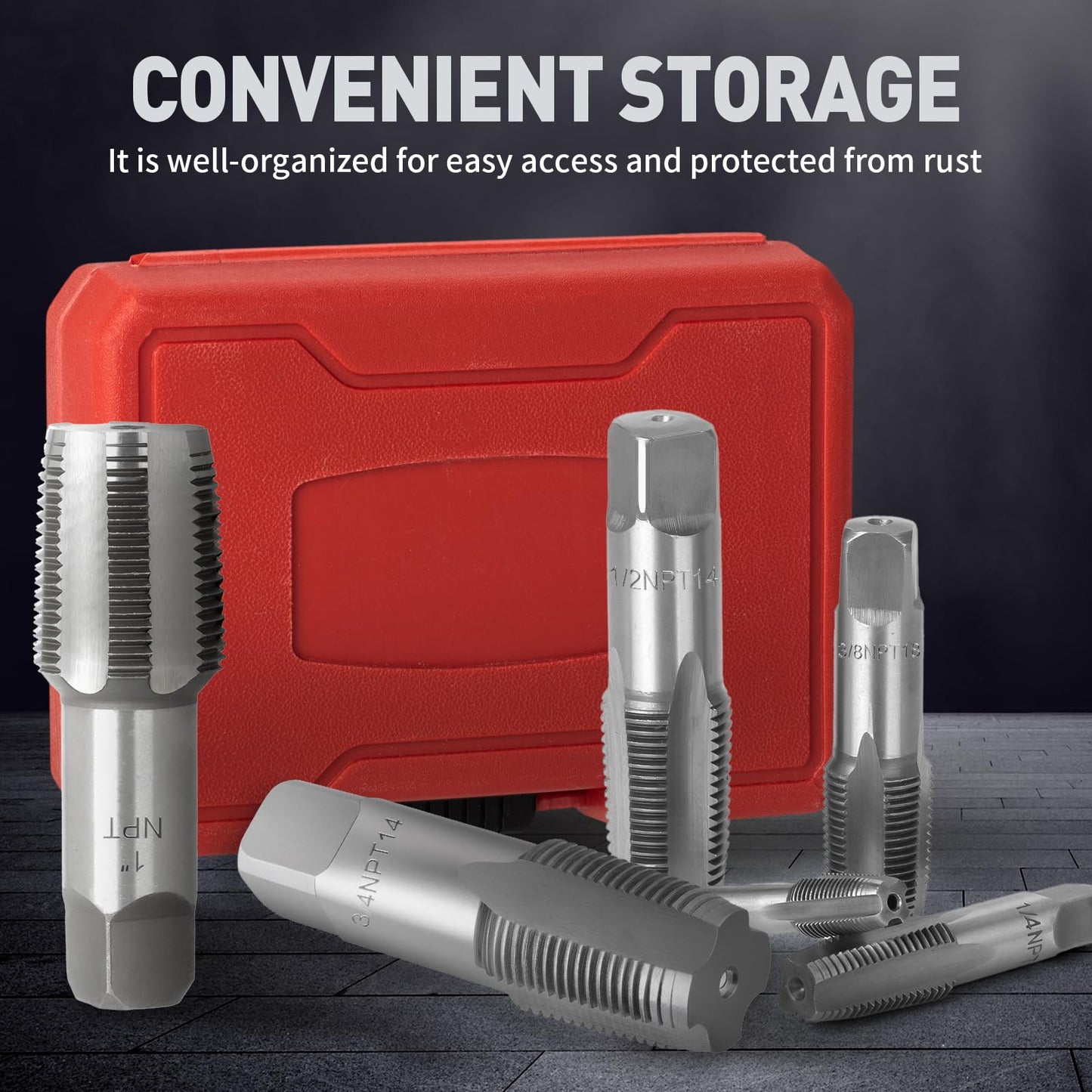 6-Piece NPT Pipe Tap Set (1"–1/8"), Precision Bearing Steel Threading Taps for Cleaning & Re-Threading Damaged Pipe Threads, Storage Case