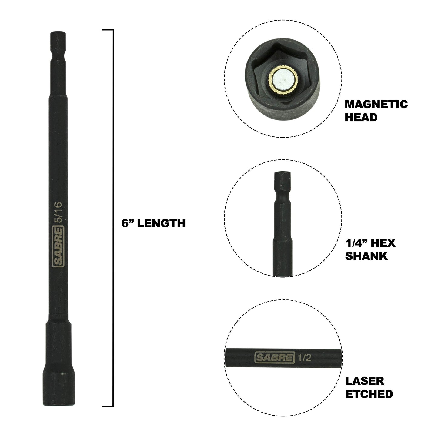 Sabre Tools 5/16 Inch Impact Magnetic Nut Driver – 6 Inch Length, 1/4 Inch Hex Shank, Magnetic Socket Tip (5/16” SAE)