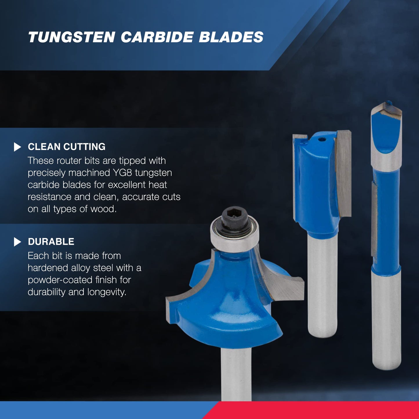 HILTEX 15-Piece Tungsten Carbide Router Bit Set, 1/4” Shank, Woodworking Chamfer Bits, Durable Blue Finish