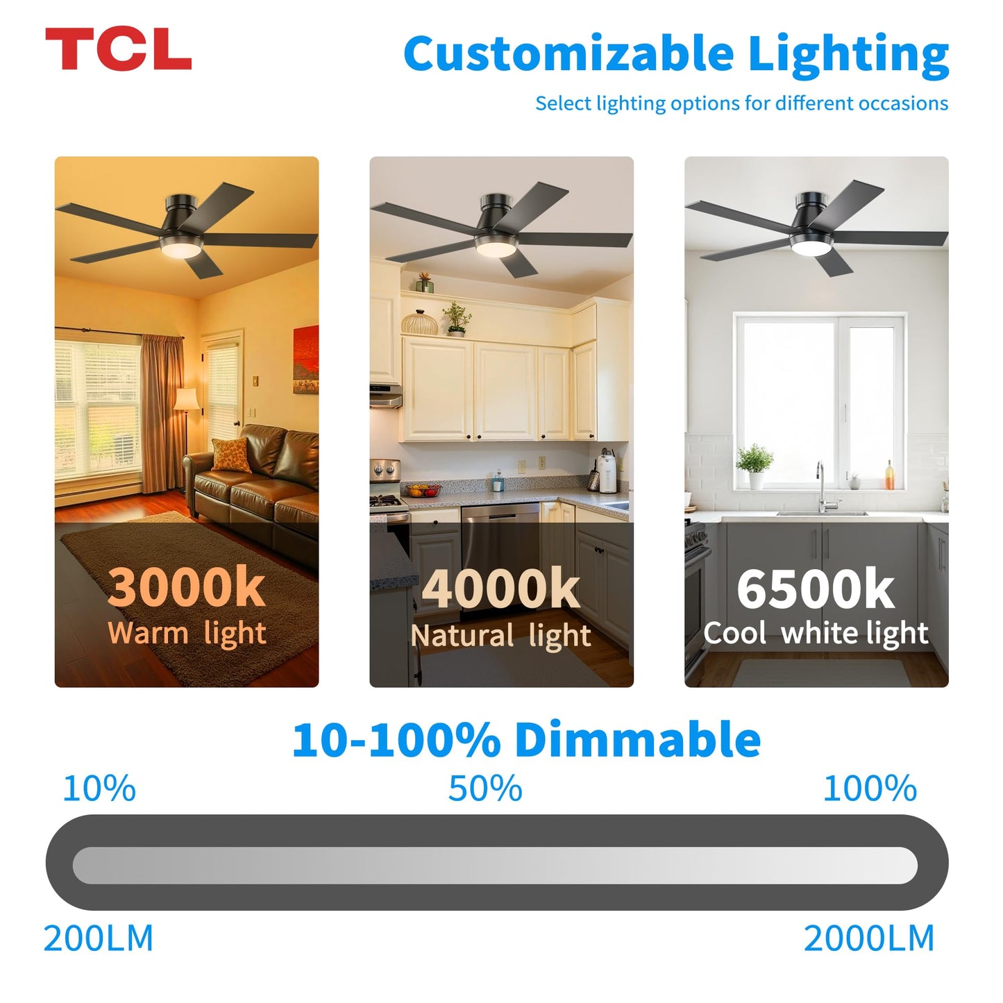 **TCL 52” Black Ceiling Fan with Light & Remote, Modern LED 3-Color 3CCT, Quiet Motor for Bedroom & Living Room**