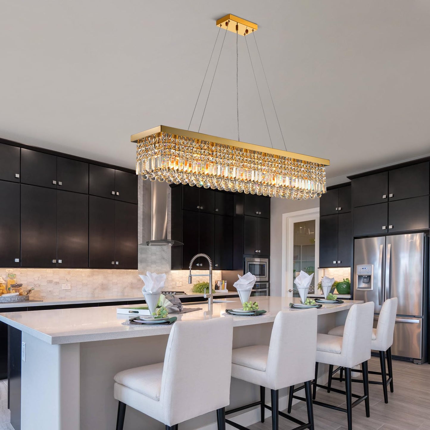 Siljoy 10-Light Modern Gold Crystal Chandelier, Rectangular Raindrop Pendant Ceiling Light for Dining Room, Kitchen Island, Bar