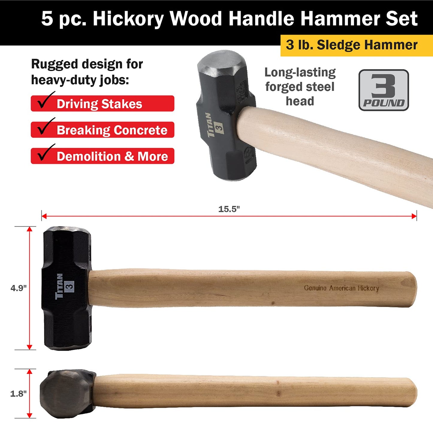 Titan 85070 5-Piece Hammer Set, Includes 16oz & 32oz Ball Pein, 16oz Rubber Mallet, 3lb Sledgehammer & 3lb Cross Pein with Hickory Wood Handles