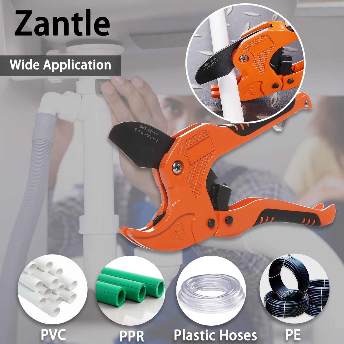 Zantle Ratcheting Pipe & Tube Cutter, One-Hand Fast Cutting Tool for PEX, PVC, PPR Pipes up to 1-1/4" O.D., Easy Use