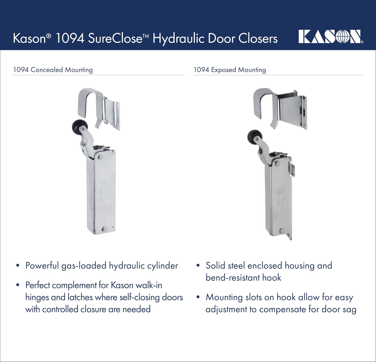 Kason 1094 SureClose Hydraulic Door Closer, Exposed Mounting, 11094000003