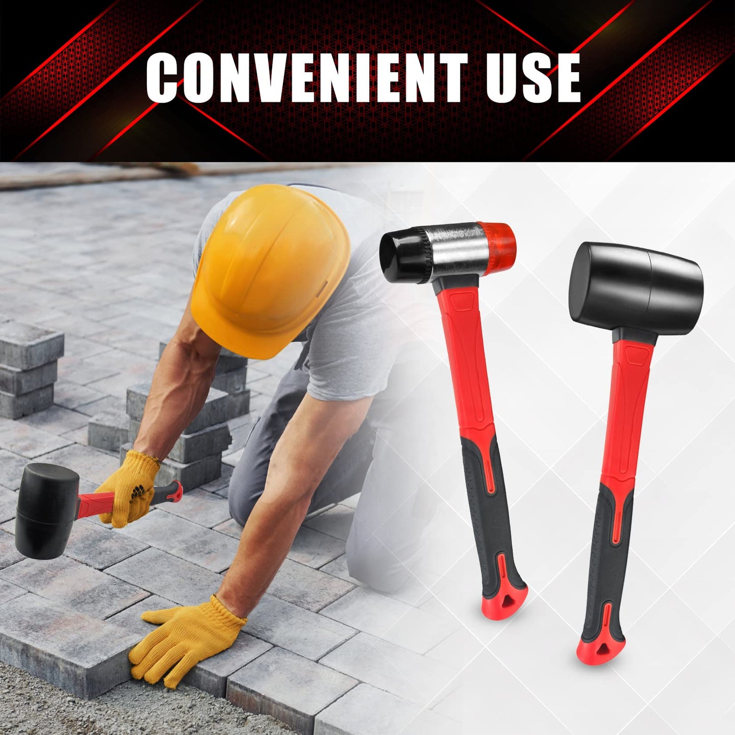 YIYITOOLS 2Pcs Hammer Set, 16oz Rubber Mallet & 40mm Double-Faced Soft Mallet Fit for Construction and Home Renovation, Black