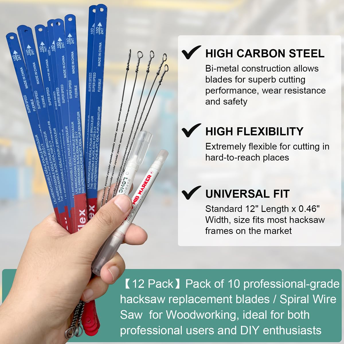10 Pack Hacksaw Blades, High Speed 24 Tpi - 12" Length Hacksaw Blades 12 Inch Metal