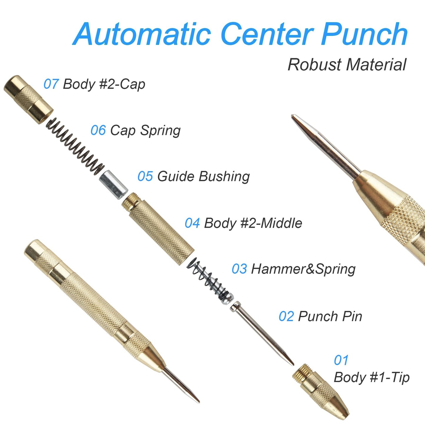 2PCS Automatic Center Punch 5-Inch Spring Loaded Punch Tool, Adjustable Impact, Heavy-Duty Steel Marker for Metal Wood Glass by RNSXYAT