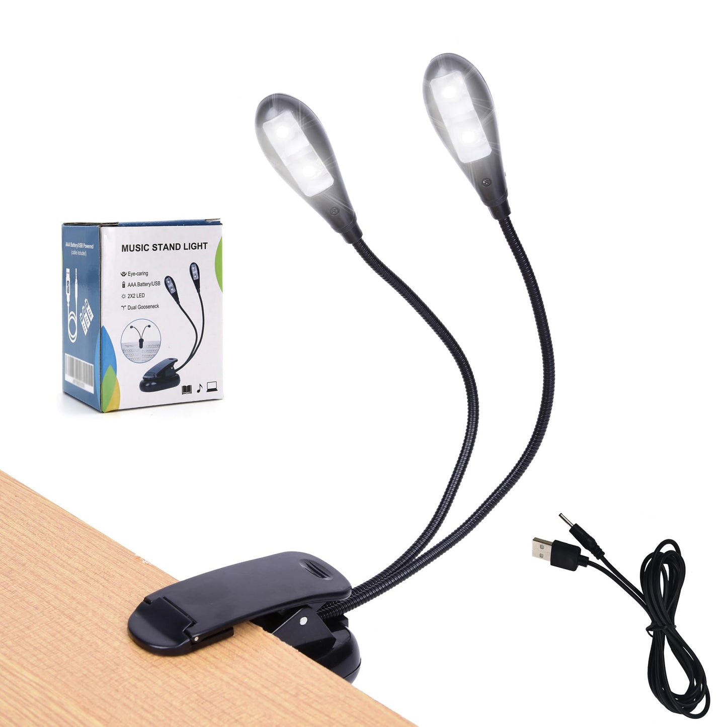 Music Stand Light, Dual Arm Clip-On LED Book Light, USB & AAA Battery Powered, 4 Brightness Levels, Reading Lamp for Musicians, Piano & Sheet Music
