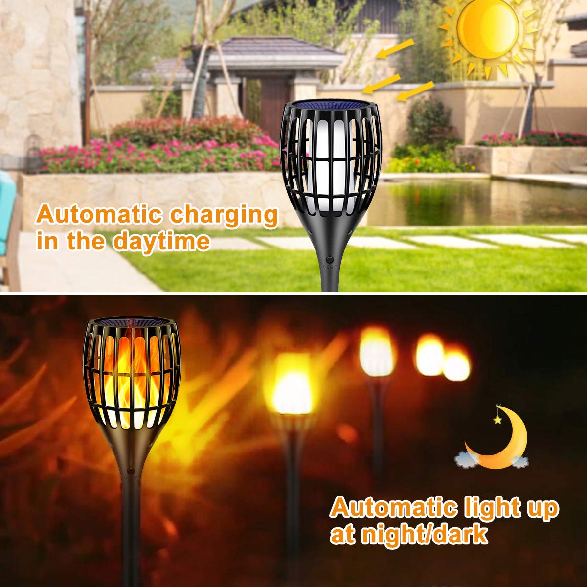 Ollivage Solar Torch Lights 43", Flickering Flame, Waterproof Outdoor Garden Lighting, Dusk-to-Dawn Auto On/Off, 4-Pack for Yard & Patio