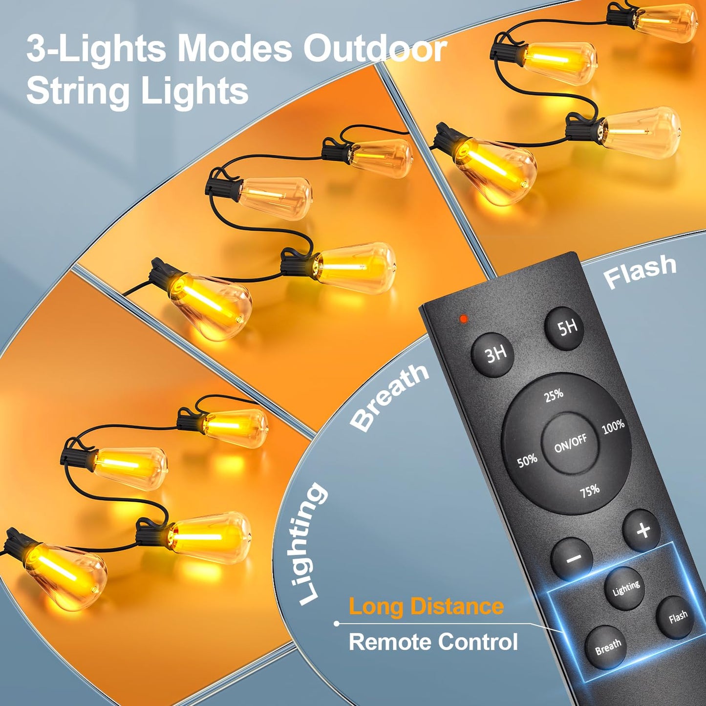 100Ft Outdoor String Lights, Waterproof ST38 LED Bulbs, Dimmable with Remote, Connectable for Patio, Backyard, Porch, Gazebo, Party