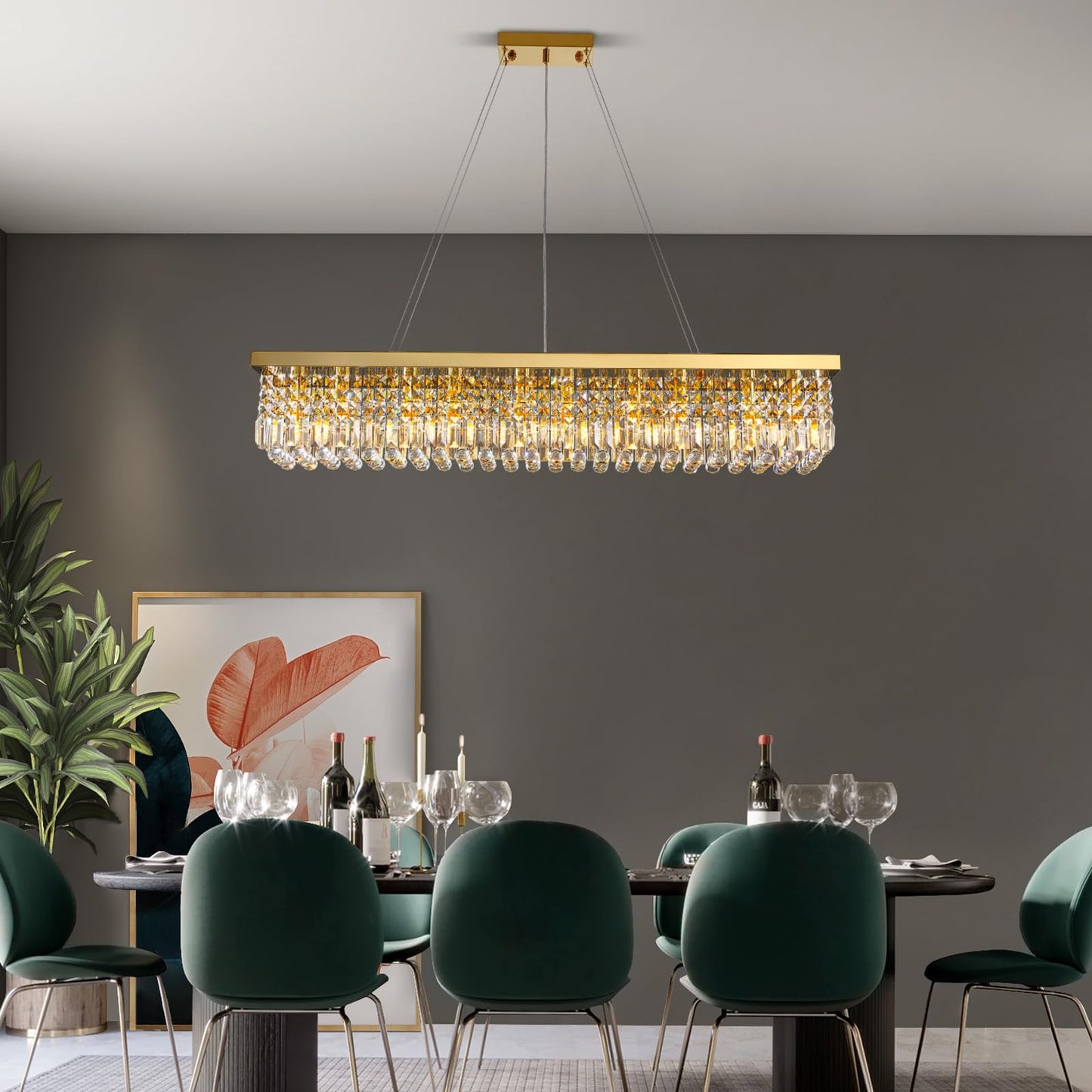 Siljoy 10-Light Modern Gold Crystal Chandelier, Rectangular Raindrop Pendant Ceiling Light for Dining Room, Kitchen Island, Bar