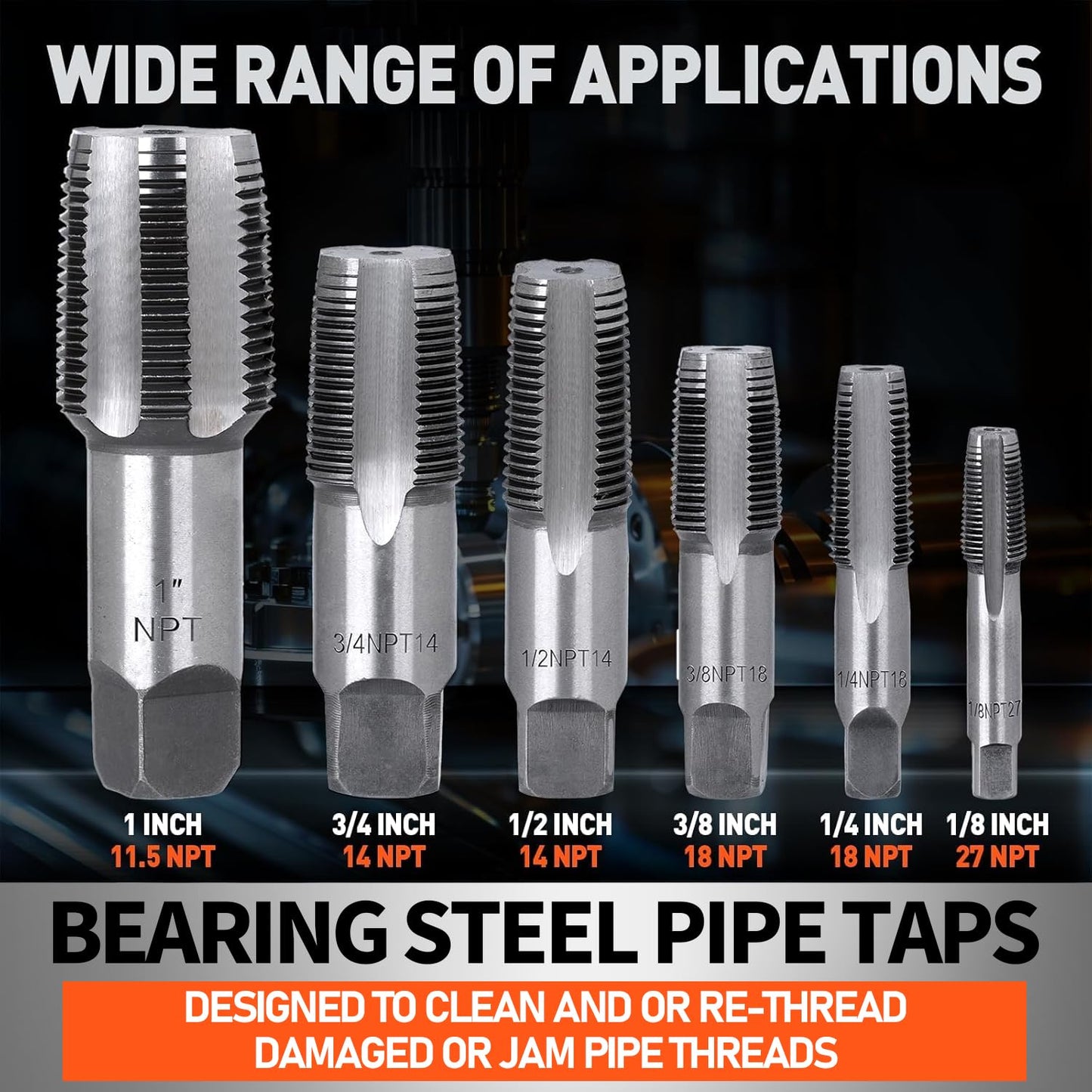 6-Piece NPT Pipe Tap Set (1"–1/8"), Precision Bearing Steel Threading Taps for Cleaning & Re-Threading Damaged Pipe Threads, Storage Case