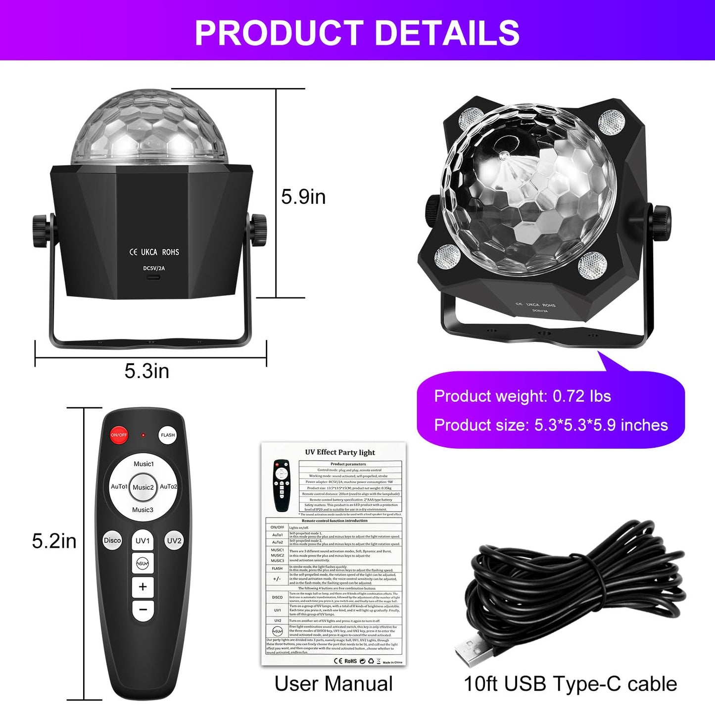 DJPTYGCK 2-in-1 Glow Party Black Light Disco Ball, Sound Activated Strobe DJ Light for Halloween, Christmas & Birthday Parties