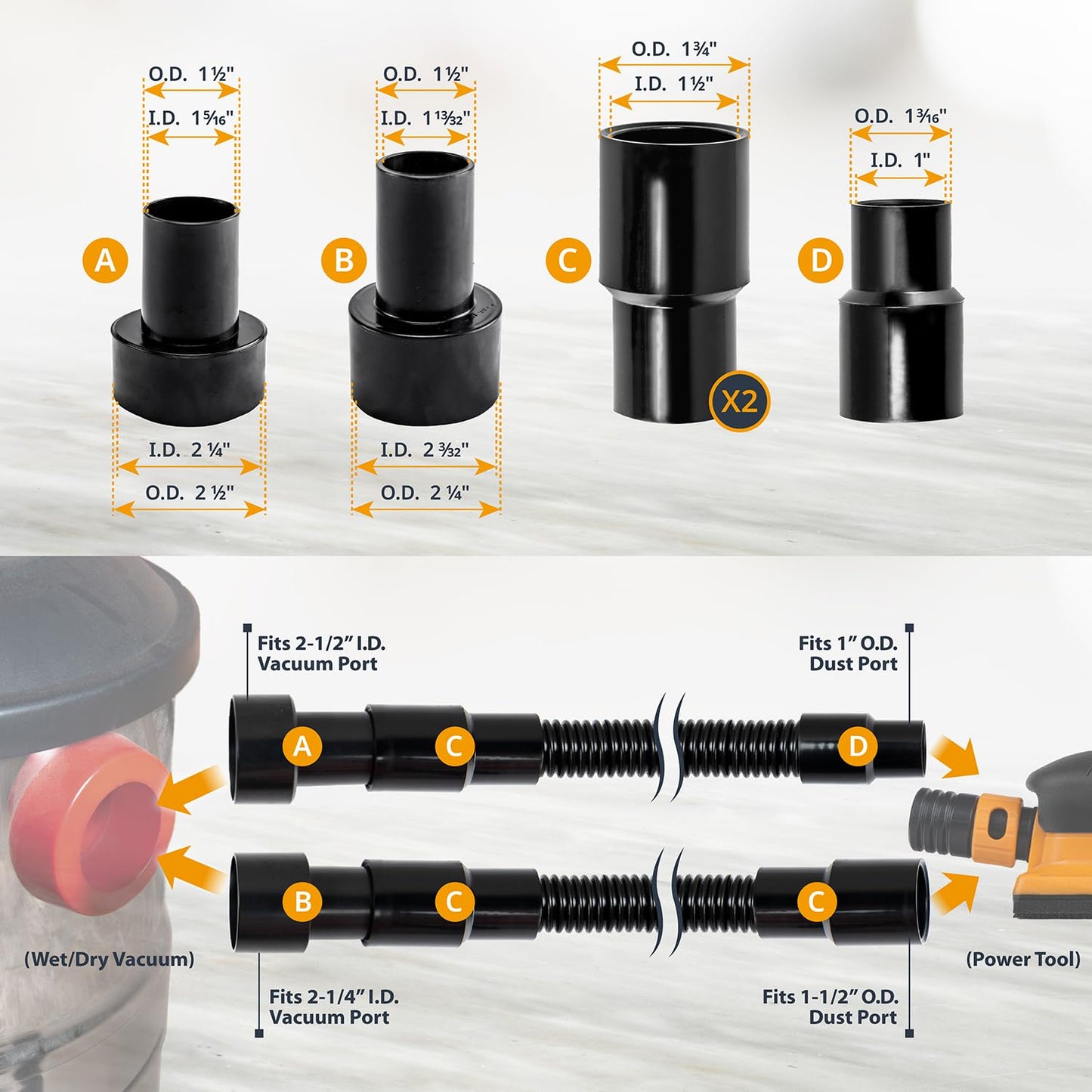 POWERTEC 70347 10 Ft. Dust Collection Hose Kit with 5 Fittings for Woodworking Power Tools Home and Wet/Dry Shop Vacuums
