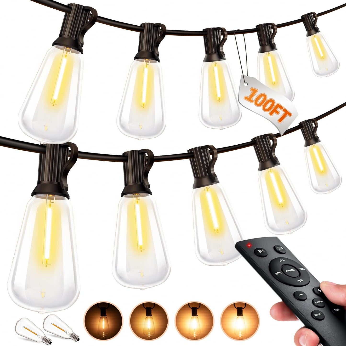 100Ft Outdoor String Lights, Waterproof ST38 LED Bulbs, Dimmable with Remote, Connectable for Patio, Backyard, Porch, Gazebo, Party