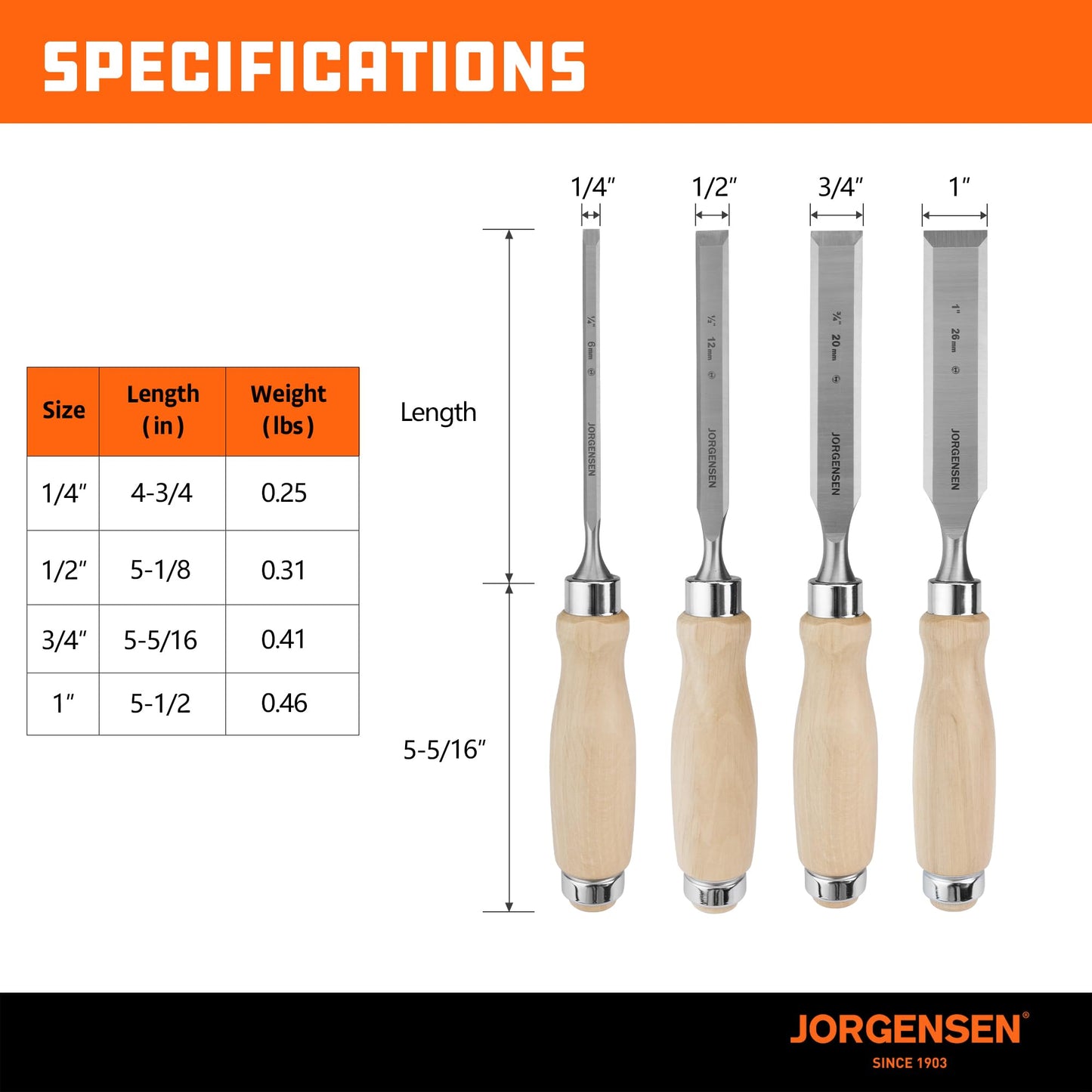 JORGENSEN 4-Piece Wood Chisel Set, Chromium Alloy Steel Beveled Edge, Ergonomic Hardwood Handles, 1/4–1 in