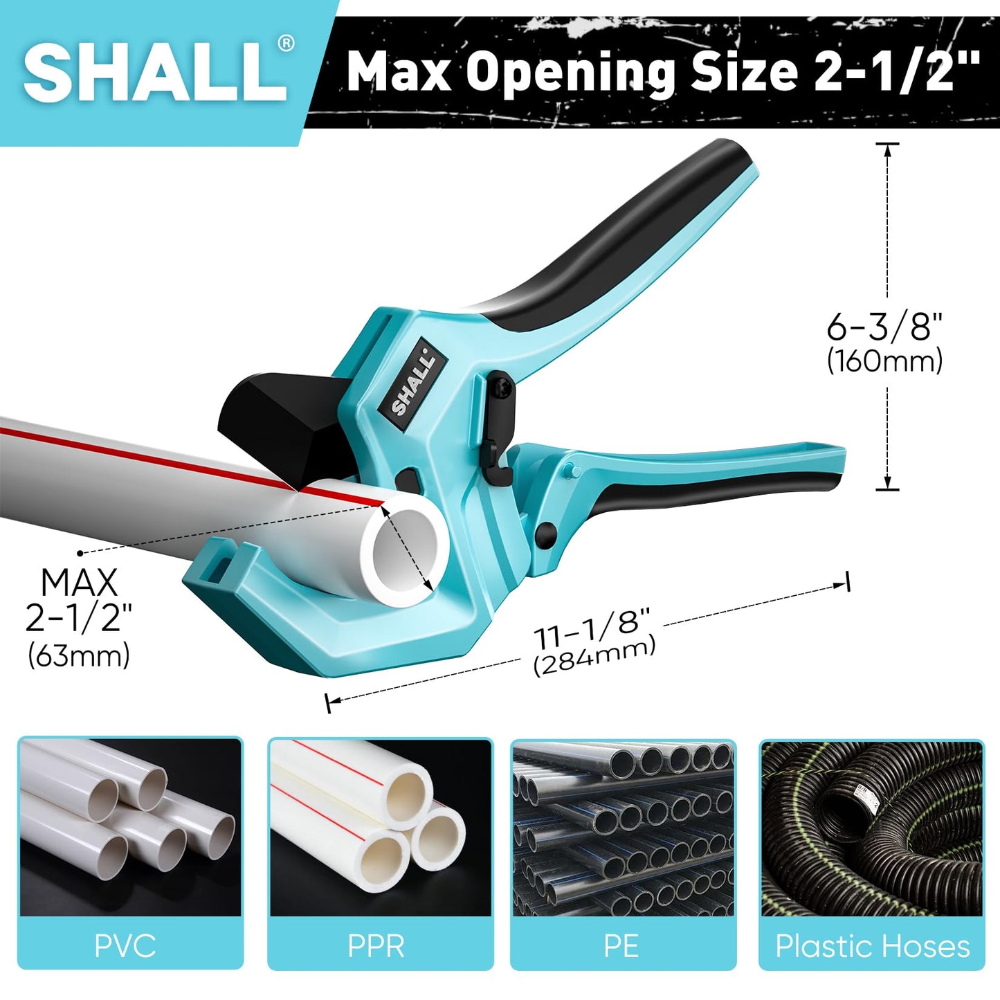 SHALL PVC Pipe Cutter up to 2-1/2”, Heavy-Duty Aluminum Ratchet Cutter for PVC, PPR, PE, PEX & Plastic Plumbing Pipes, SK5 Blade