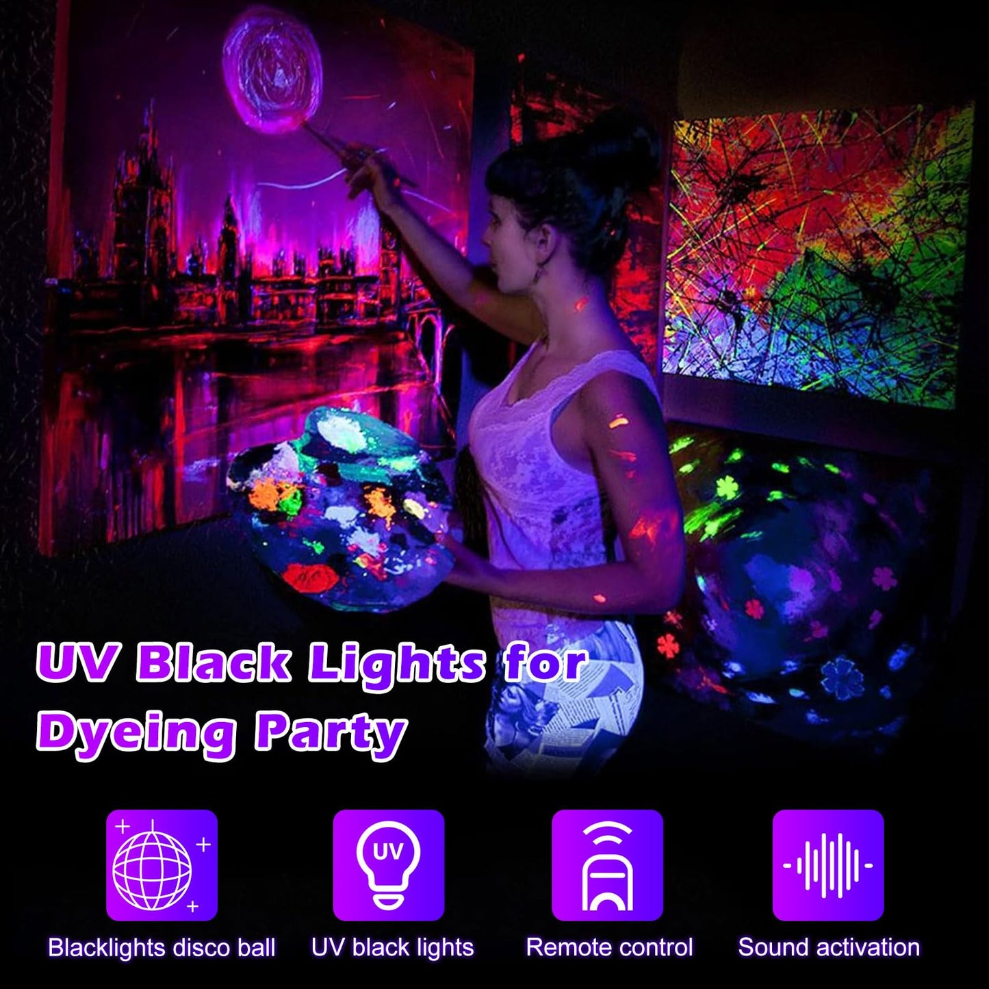 DJPTYGCK 2-in-1 Glow Party Black Light Disco Ball, Sound Activated Strobe DJ Light for Halloween, Christmas & Birthday Parties