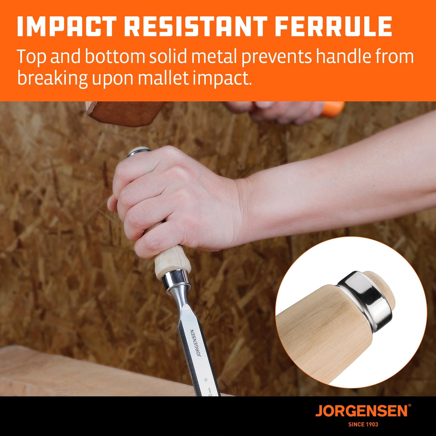 JORGENSEN 4-Piece Wood Chisel Set, Chromium Alloy Steel Beveled Edge, Ergonomic Hardwood Handles, 1/4–1 in