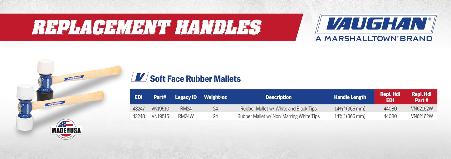 VAUGHAN 24 oz Soft Face Rubber Mallet, Made In The USA, White And Black, RM24, VN19510