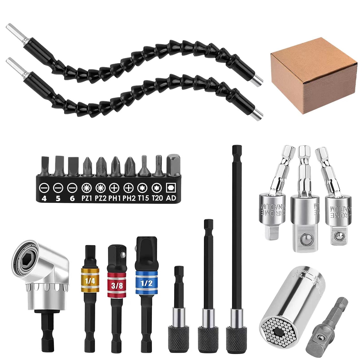 24-Piece Flexible Drill Bit Extension Set, 105° Right Angle Attachment, 1/4" 3/8" 1/2" Hex Socket Adapters, Rotating Joint, Storage Box