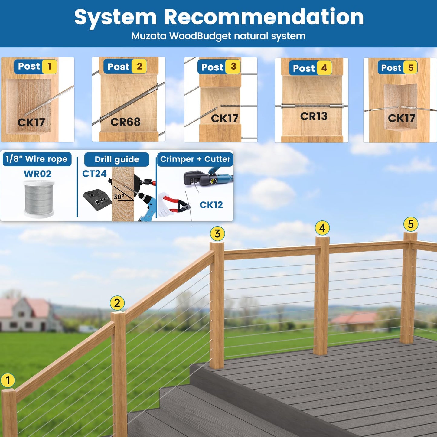 Muzata Hydraulic Cable Railing Crimping Tool, Wire Rope Swaging Kit with Cutter for 1/8" Stainless Steel Cables CR09 CK12
