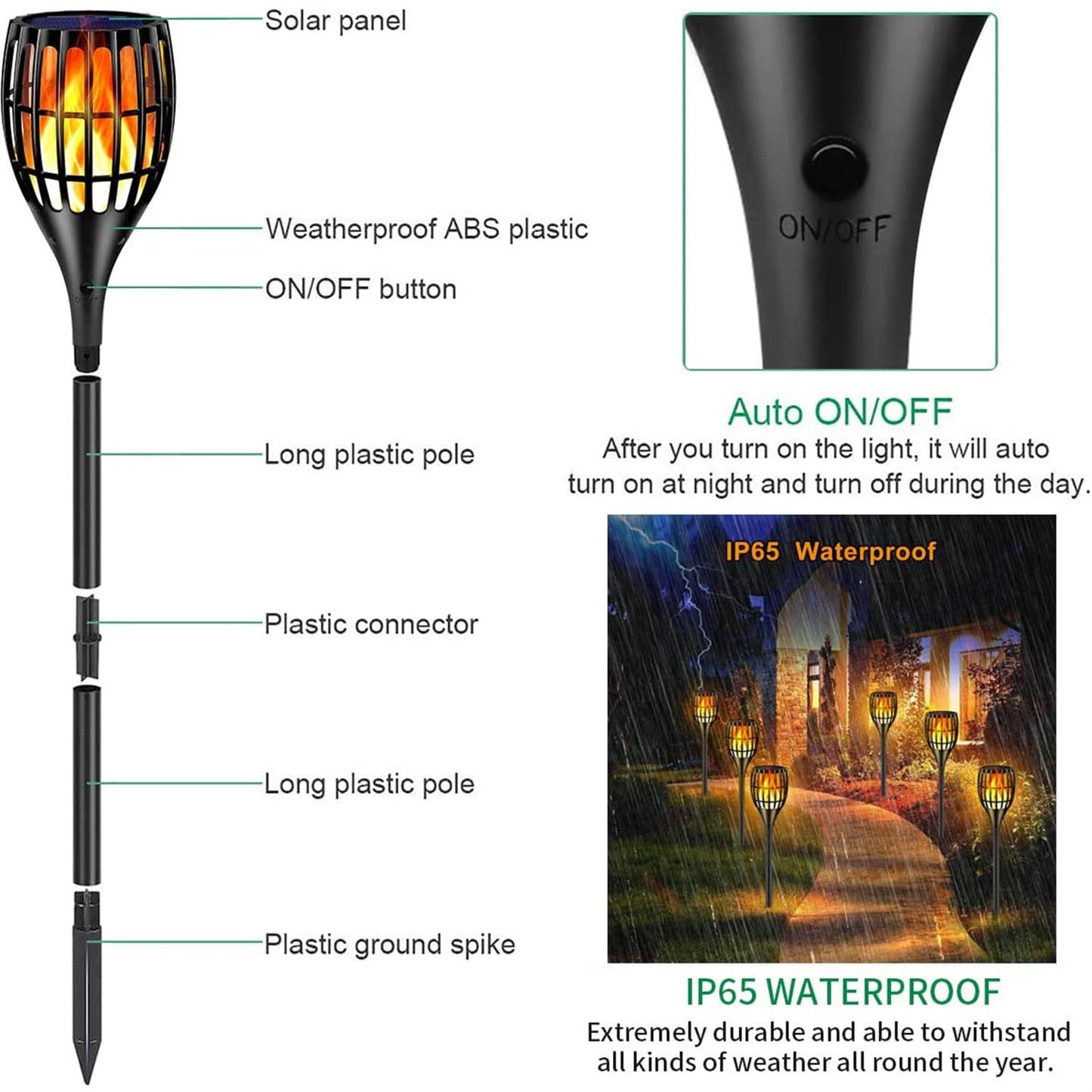 Ollivage Solar Torch Lights 43", Flickering Flame, Waterproof Outdoor Garden Lighting, Dusk-to-Dawn Auto On/Off, 4-Pack for Yard & Patio