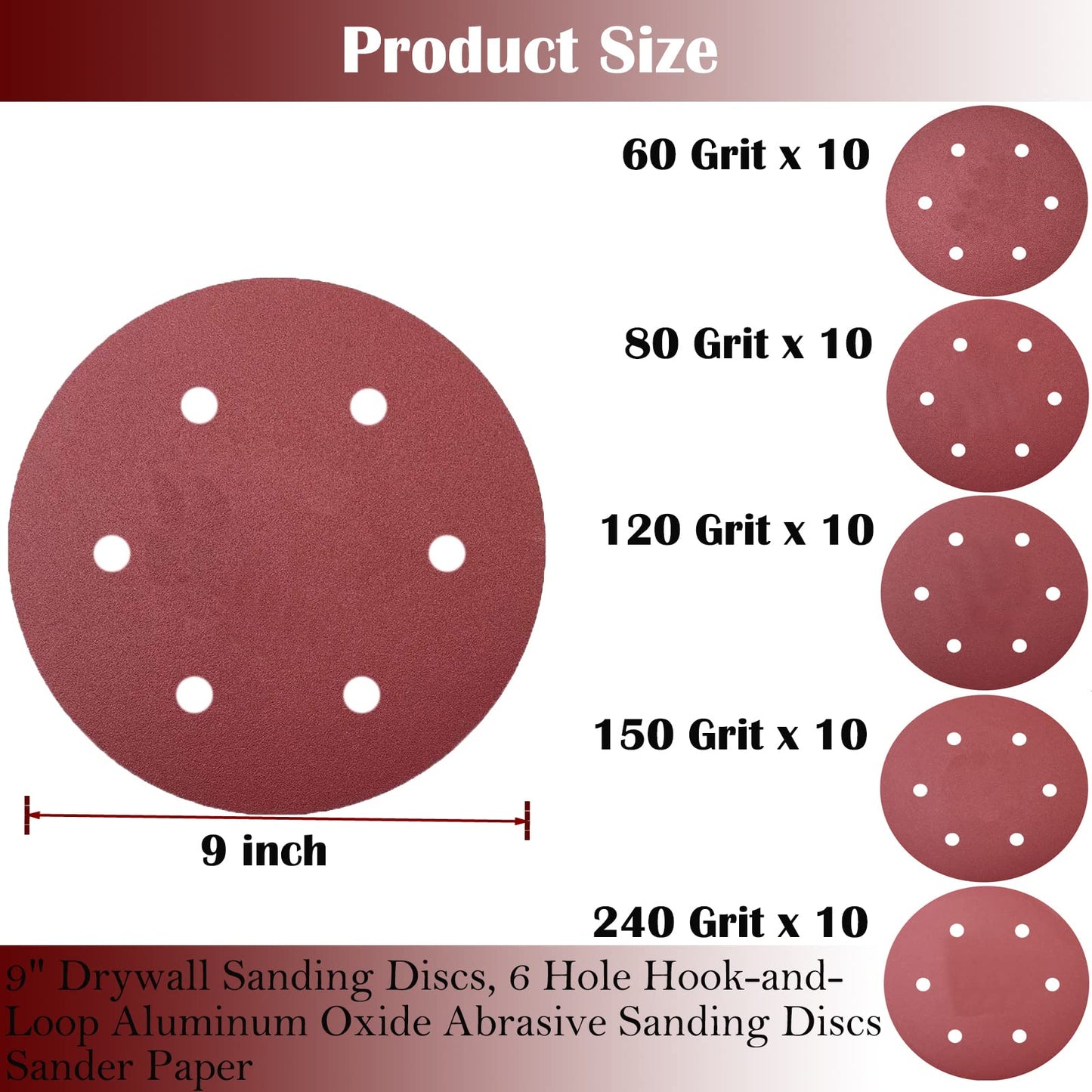 Tonmp 50 PCS 9 Inch 6 Hole Drywall Sanding Discs Set -10 Each of 60 80 120 150 240 Grits, 9" Hook-and-Loop Sandpaper for Electric Drywall Sander