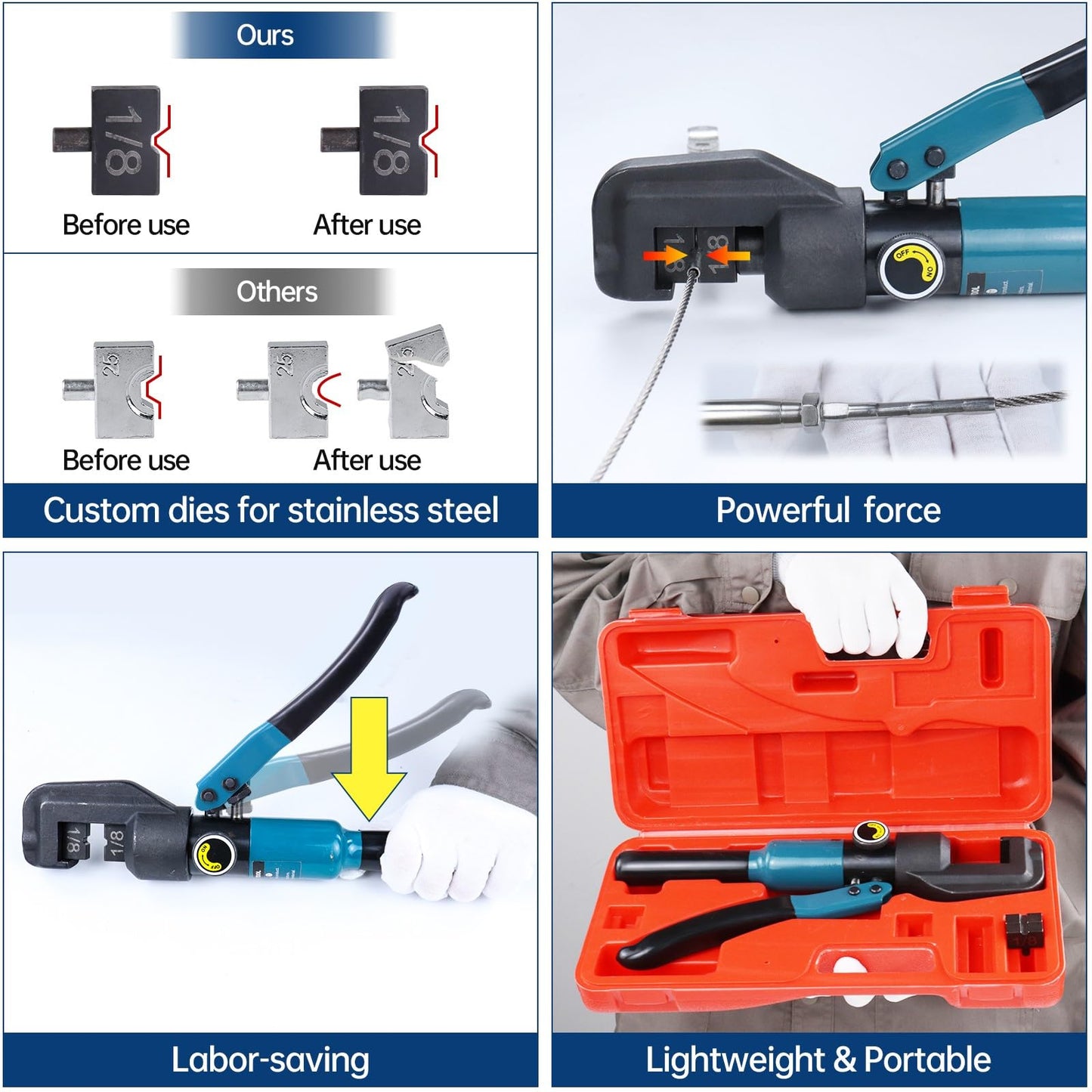 Muzata Hydraulic Cable Railing Crimping Tool, Wire Rope Swaging Kit with Cutter for 1/8" Stainless Steel Cables CR09 CK12