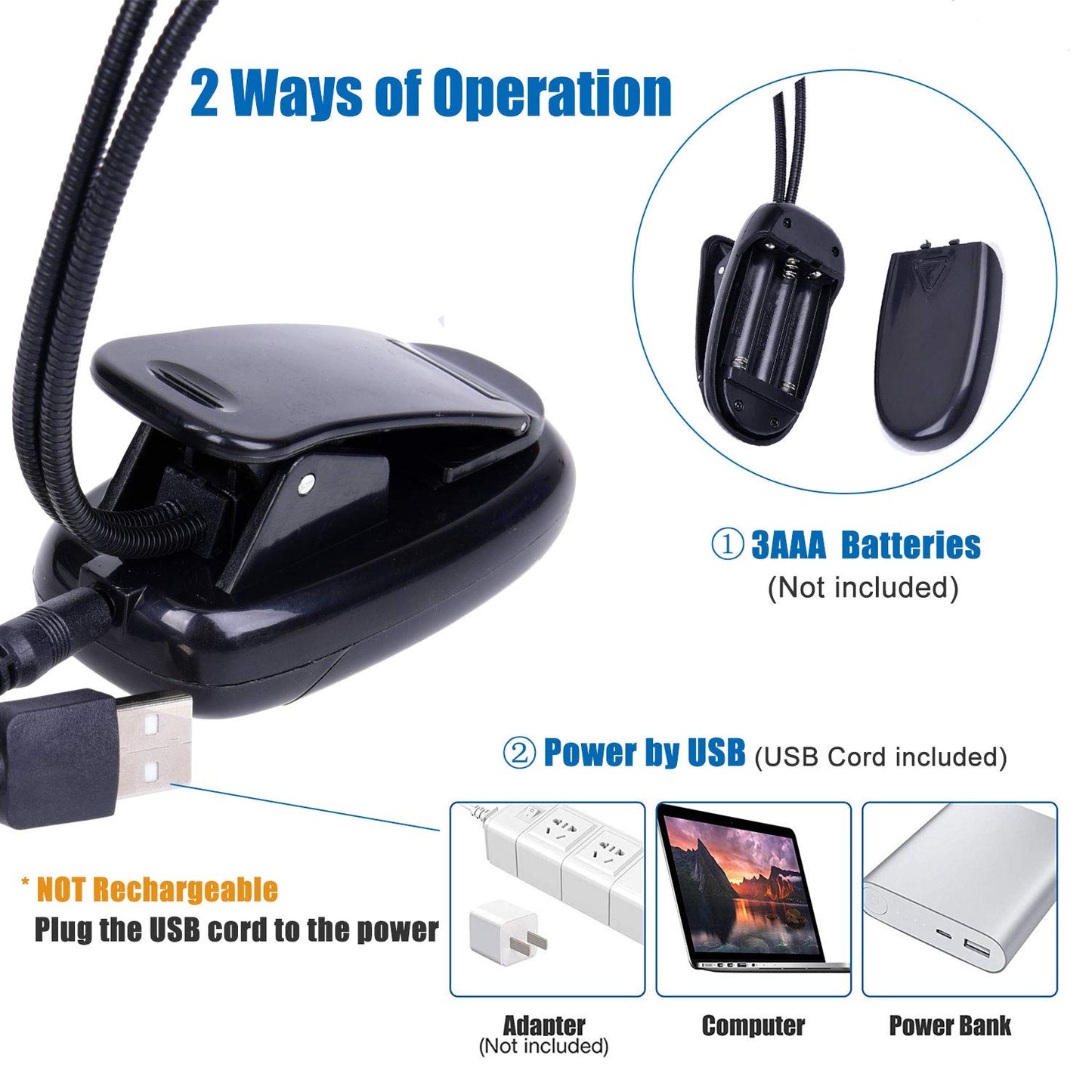 Music Stand Light, Dual Arm Clip-On LED Book Light, USB & AAA Battery Powered, 4 Brightness Levels, Reading Lamp for Musicians, Piano & Sheet Music