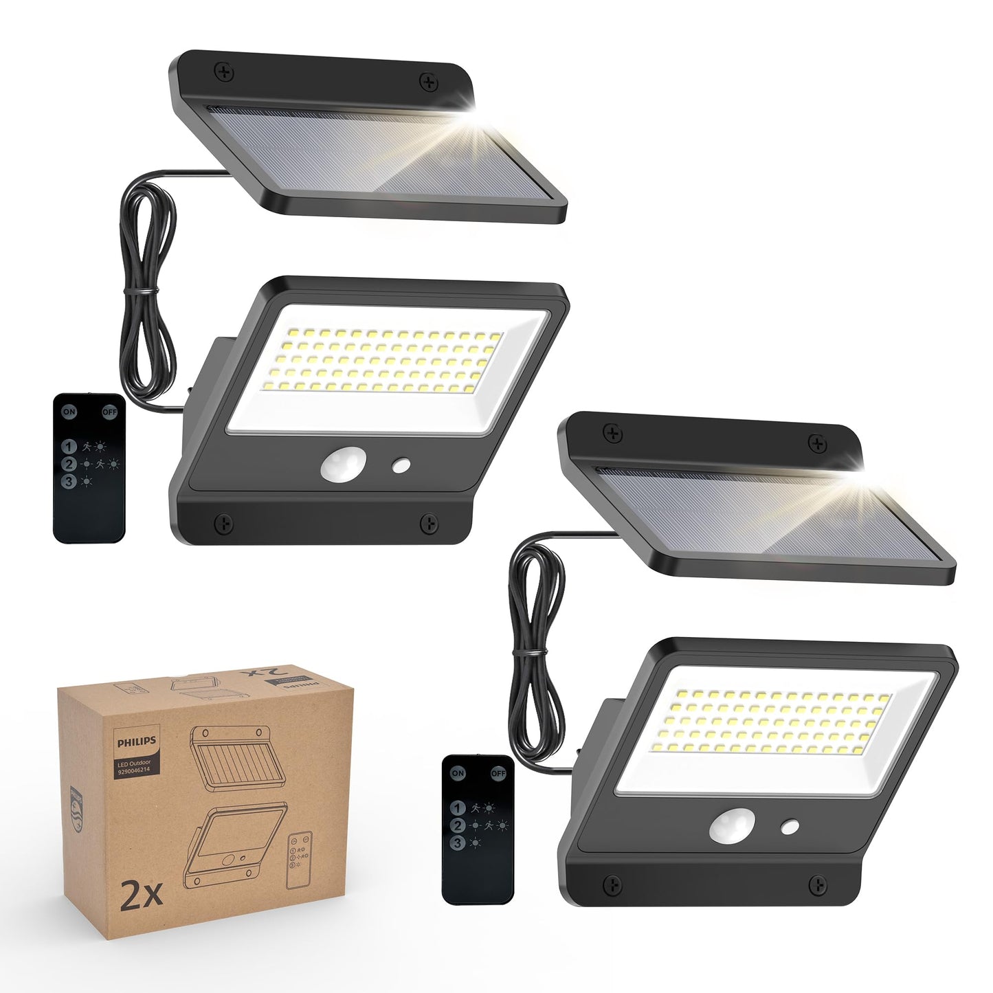 Philips Solar Security Light Outdoor LED 6500K, Solar Flood Light with PIR Motion Sensor, Remote Control, IP65 Waterproof, 3 Modes (2 Pack)