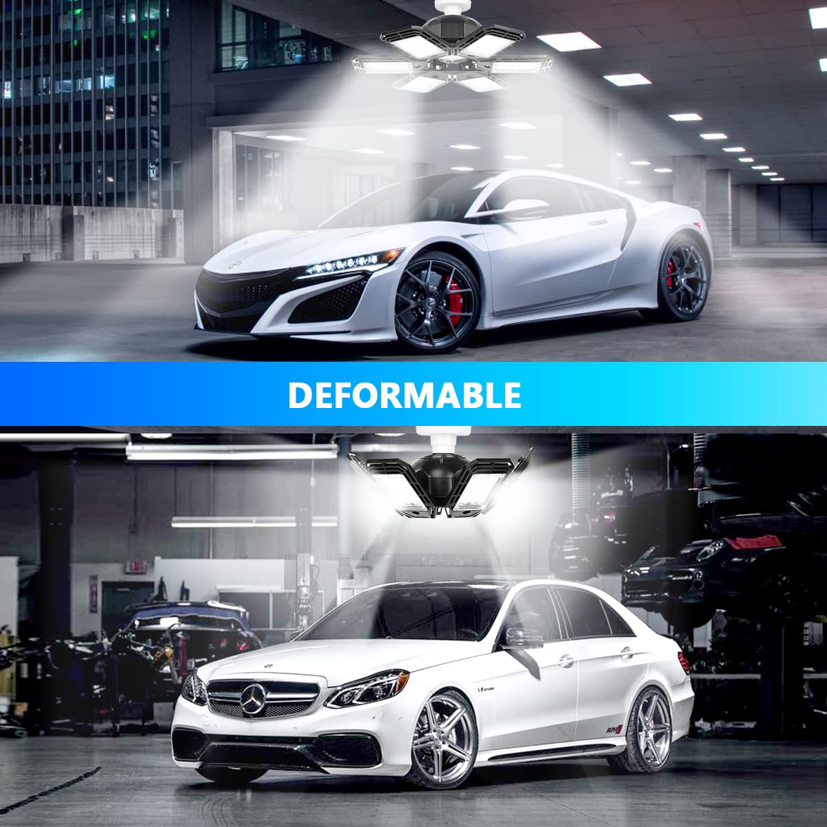 2 Pack 180W LED Garage Lights, 18000LM, 6 Adjustable Panels, Deformable Ceiling Shop Light Fixture, E26/E27 Ultra Bright for Workshop