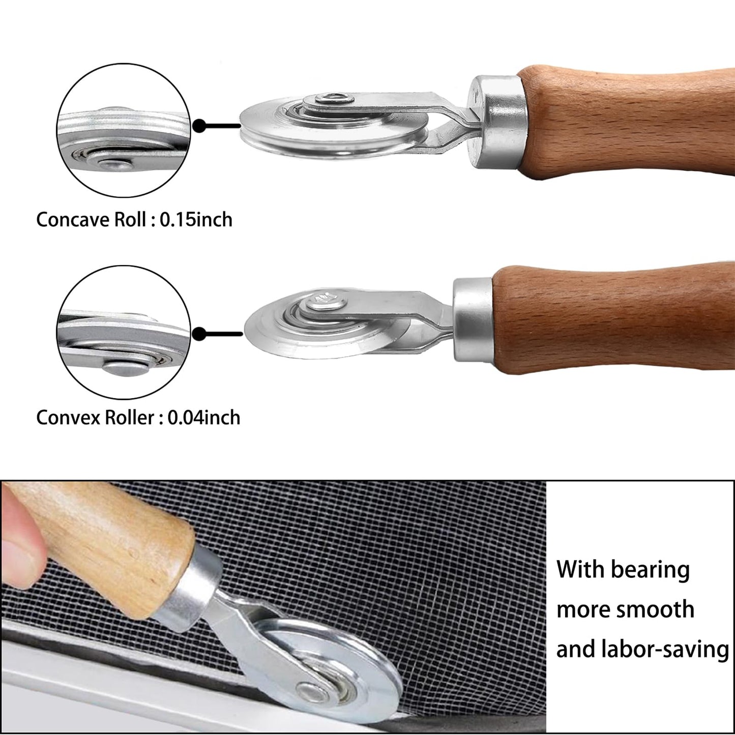 BAYTORY 3Pcs Screen Tool, Window Screen Spline Roller Tool with Wooden Handle and Steel/Nylon Bearing Wheels, Mesh Screen Door Repair Kit Easy to Use