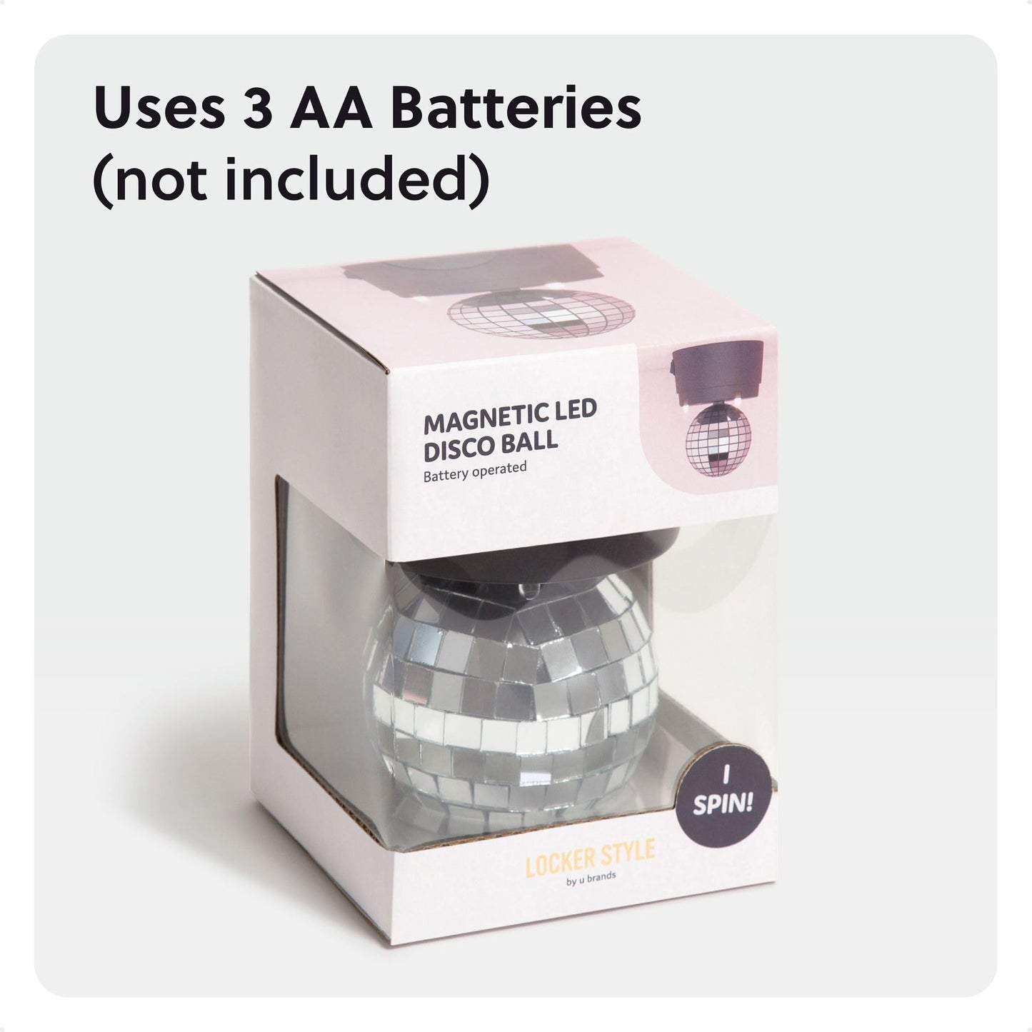 U Brands Magnetic LED Disco Ball Light, Disco Ball Locker Accessories, Black and Silver