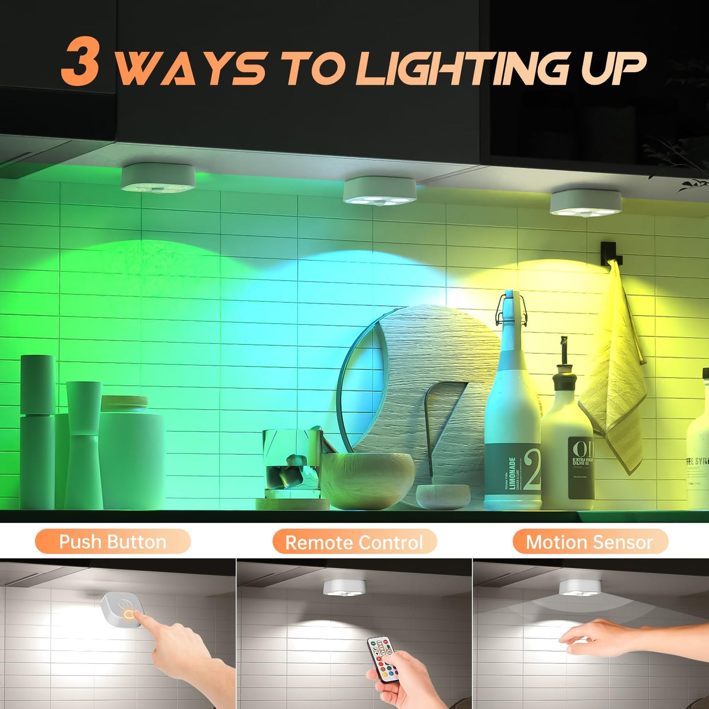 Wireless Rechargeable RGB Puck Lights with Charging Station, Motion Sensor LED Under Cabinet & Stair Lights, Remote Control (3 Pack)