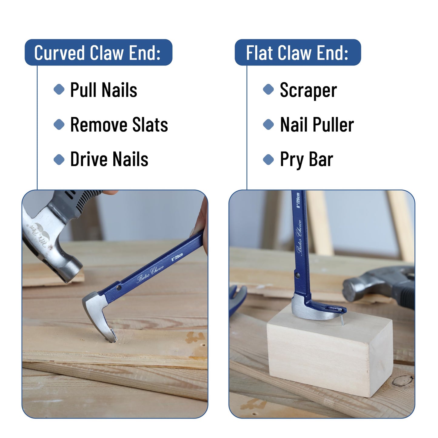 Bates- Pry Bar Nail Puller Set, 2 Pack, 8" & 12", Nail Puller Tool, Small Pry Bar