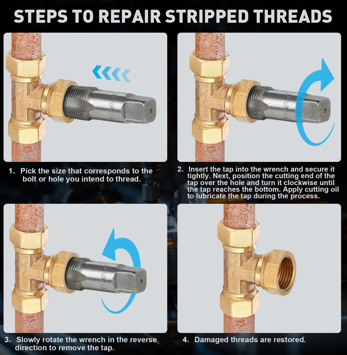 6-Piece NPT Pipe Tap Set (1"–1/8"), Precision Bearing Steel Threading Taps for Cleaning & Re-Threading Damaged Pipe Threads, Storage Case