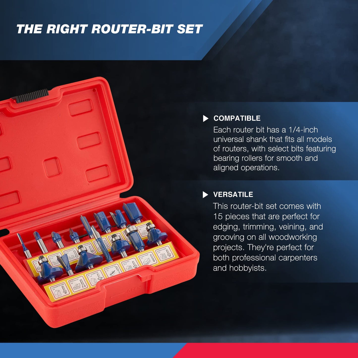 HILTEX 15-Piece Tungsten Carbide Router Bit Set, 1/4” Shank, Woodworking Chamfer Bits, Durable Blue Finish