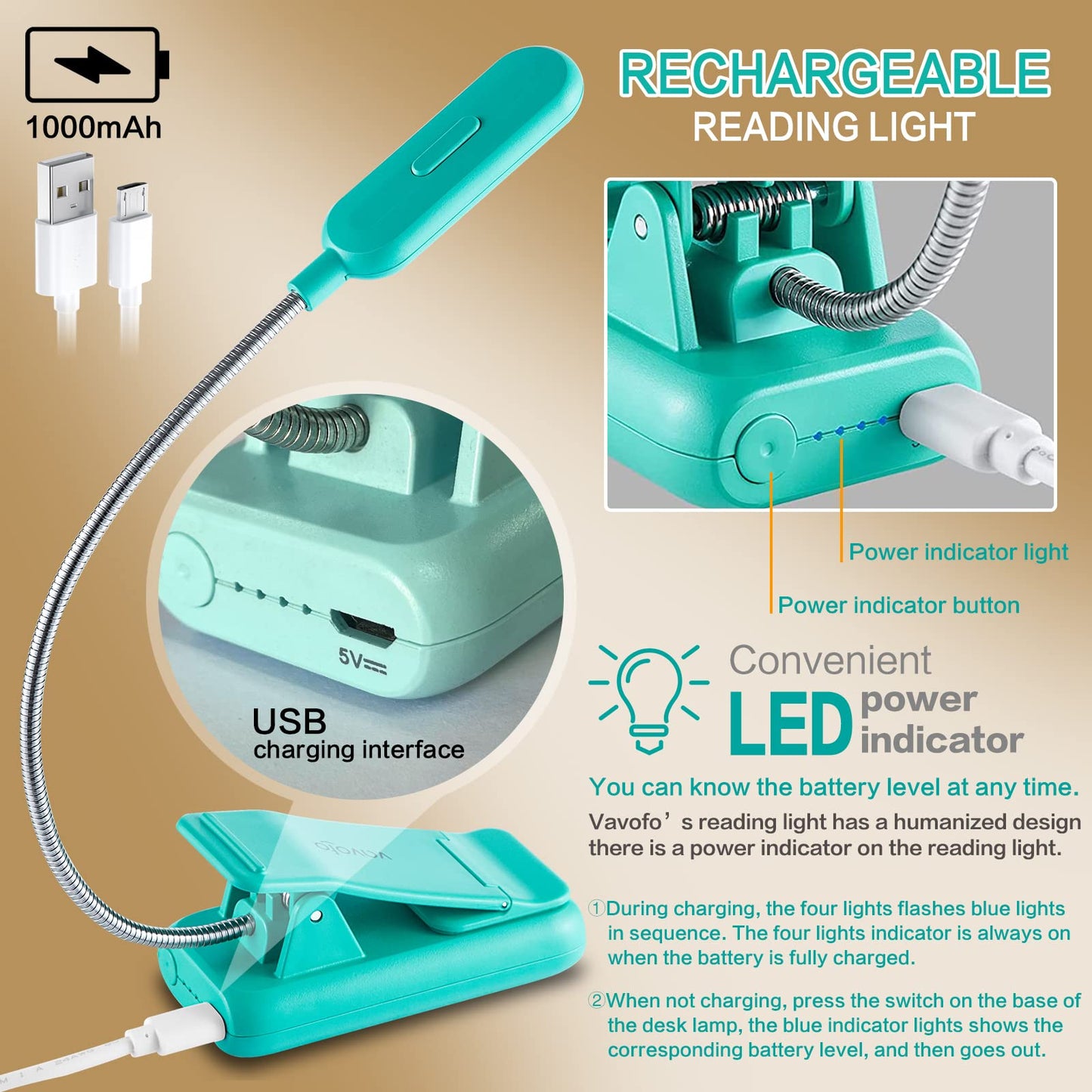 VAVOFO Clip-On Book Light for Bed & Kids, 7 LED Reading Lamp with 9-Level Warm/Cool/Daylight, Eye-Care Light, Power Indicator (Blue)