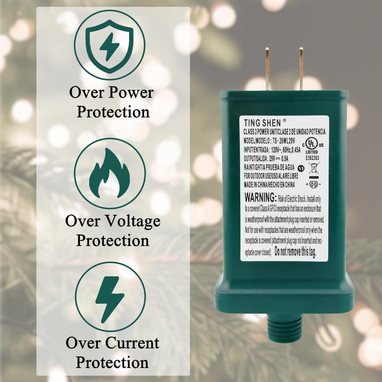 TS-26WL29V 26W 29V 0.9A Class 2 LED Transformer, IP44 Raintight Power Supply with US Plug for String Lights & Holiday Xmas Lighting