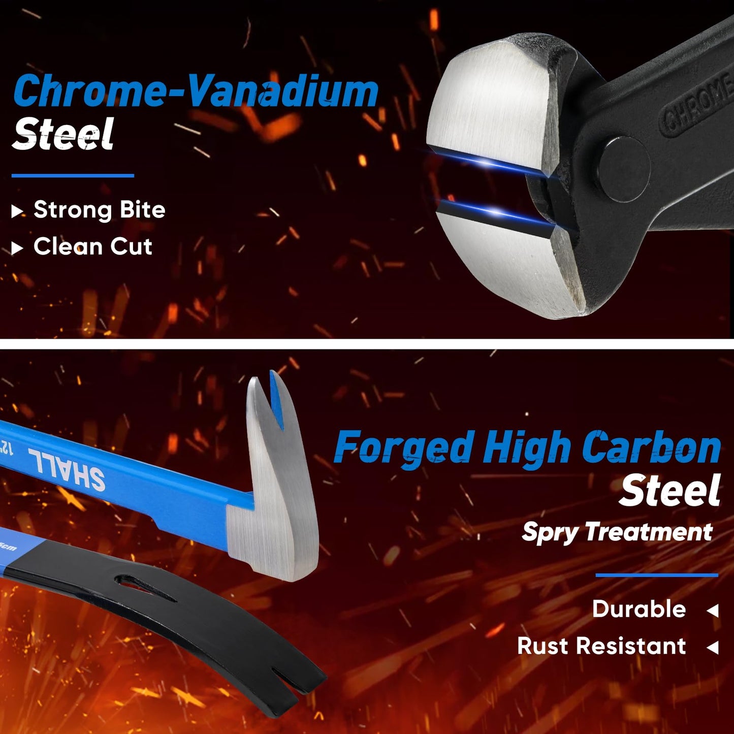 SHALL 4-Piece Pry Bar Set – 12" Cats Paw, 10" & 7.5" Flat Pry Bars, 8" End Cutting Pliers, Crowbar Nail Remover for Baseboards & Floors