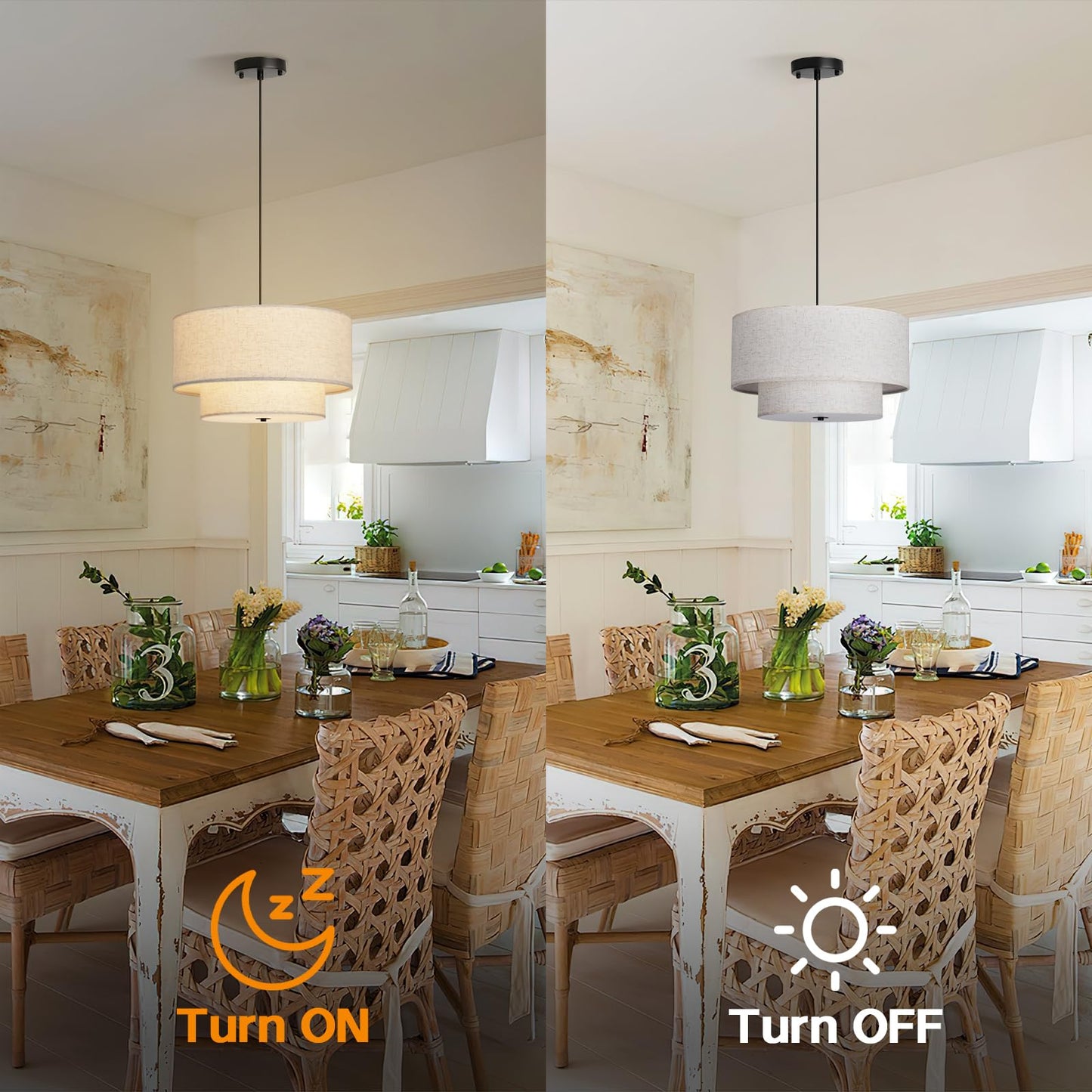 **HILUXIA 18” Modern Double Drum Fabric Pendant Light, Dual Layer Hanging Ceiling Chandelier for Dining Room, Living Room, Bedroom & Kitchen**