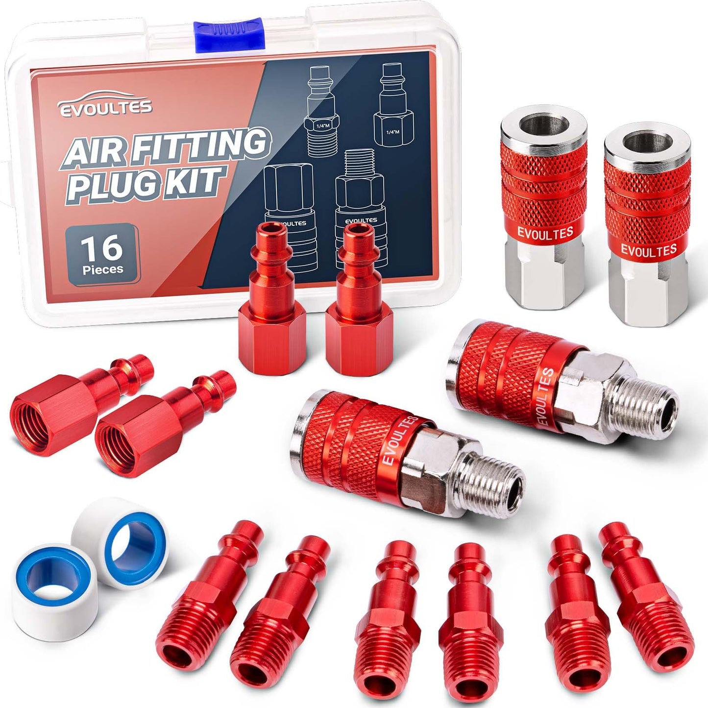 EVOULTES 16-Pc 1/4" NPT Air Hose Fittings & Quick Connect Coupler Kit, Lightweight Aluminum Pneumatic Tool Accessories
