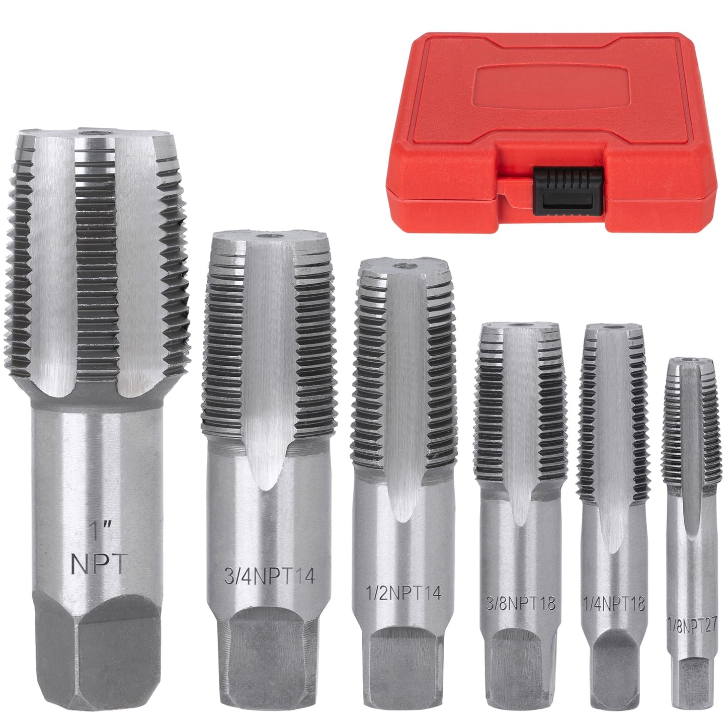 6-Piece NPT Pipe Tap Set (1"–1/8"), Precision Bearing Steel Threading Taps for Cleaning & Re-Threading Damaged Pipe Threads, Storage Case