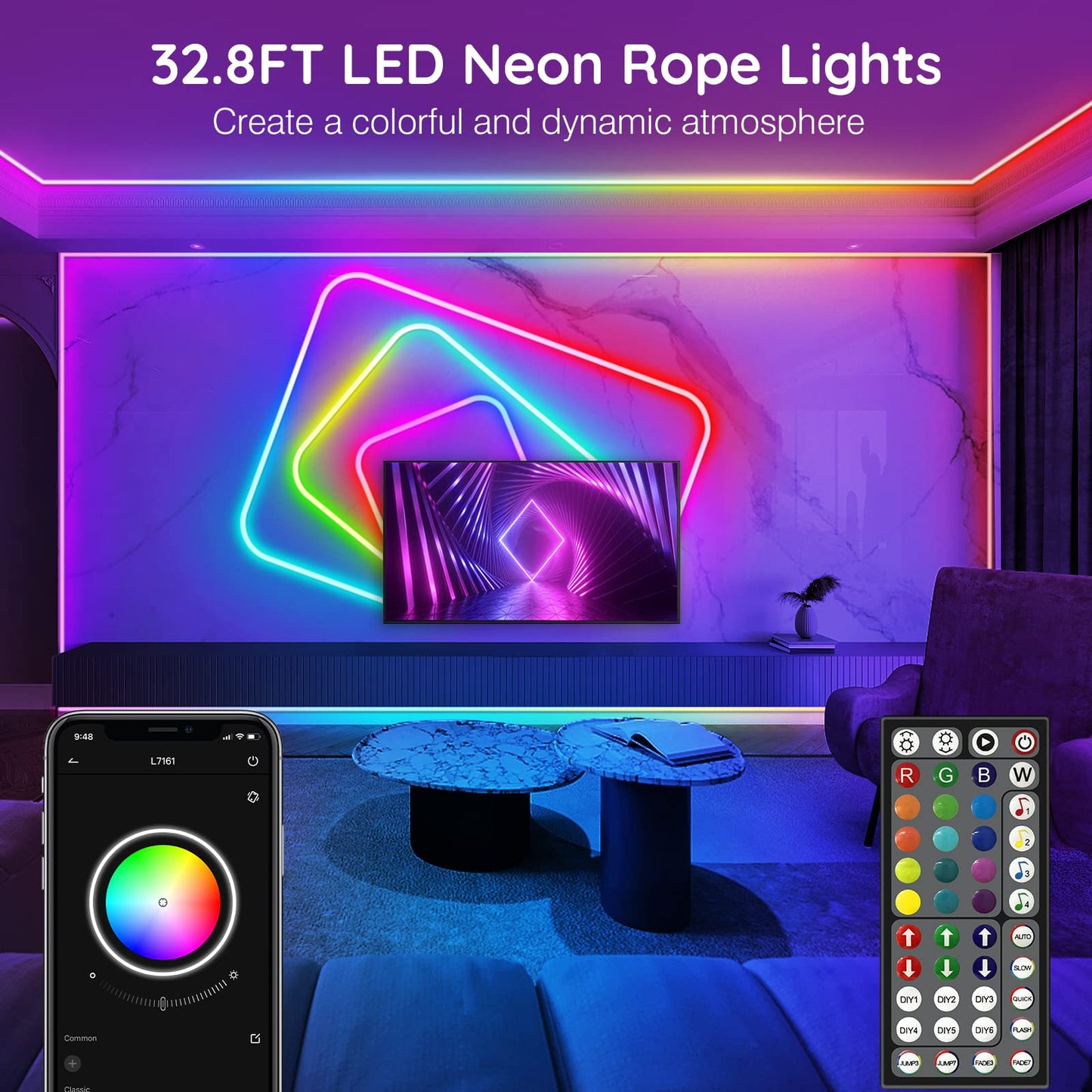 32.8ft RGB LED Neon Rope Lights, App & Remote Control, Music Sync, Flexible, Multiple Modes, IP65 Outdoor Waterproof Strip